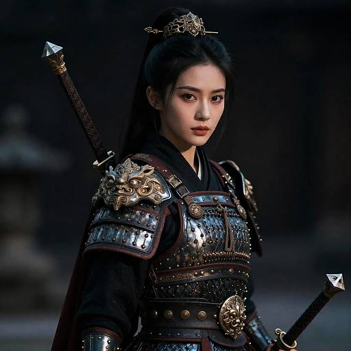 Young Woman in Traditional Samurai Armor with Sword