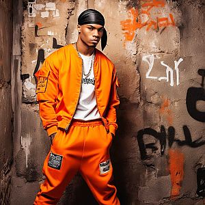 Young Man in Vibrant Orange Streetwear Against Graffiti Wall
