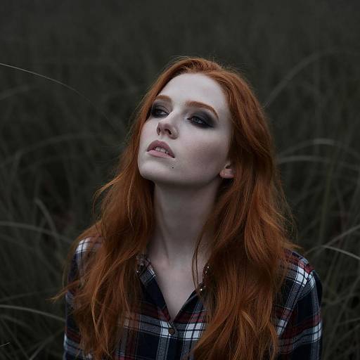 Thoughtful Red-Haired Woman with Smoky Makeup Wearing Plaid Shirt