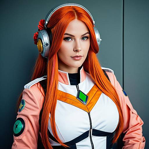 Futuristic Orange-Haired Woman in Sci-Fi Cosplay Outfit with Headset