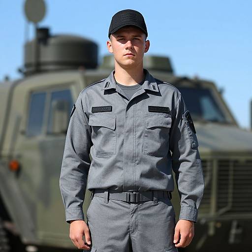 Young Soldier in Gray Tactical Uniform Stands by Armored Military Vehicle