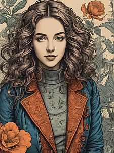 Elegant Woman with Curly Hair in Vibrant Jacket