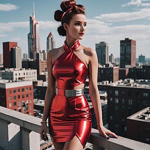 Confident Woman in Metallic Dress on Rooftop
