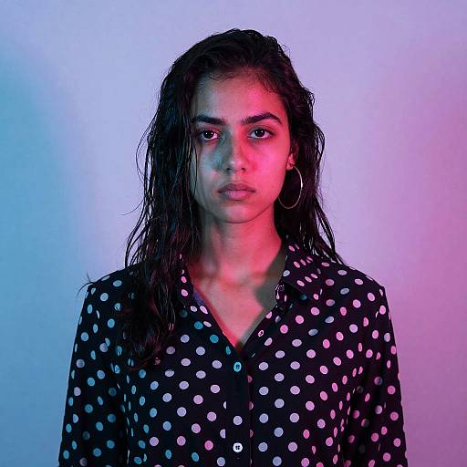 Young Woman in Polka Dot Shirt with Moody Pink and Blue Lighting - Gen Z Style