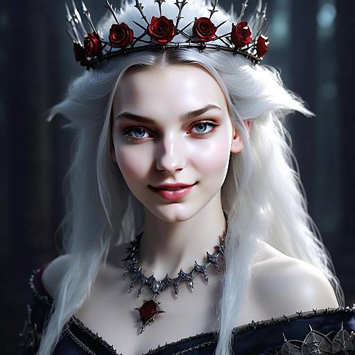 Gothic Woman with White Hair Wearing Red Rose Crown and Spiked Necklace