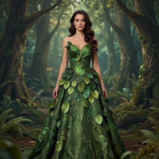 Woman Wearing Leaf Gown in Enchanted Forest Background