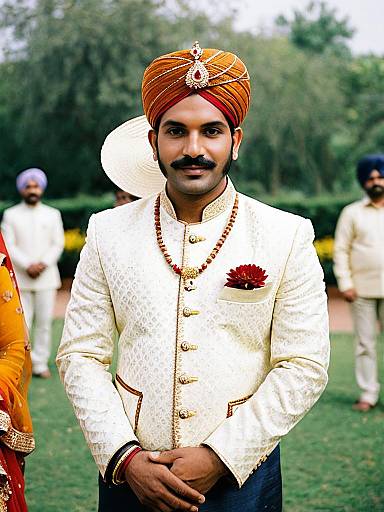 Hindu Wedding Attire Groom in Traditional Sherwani and Turban Outdoors