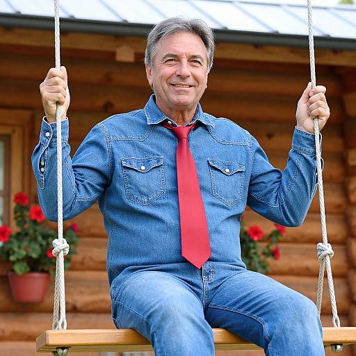 Middle-aged Man on Wooden Swing Wearing Denim Outfit and Red Tie by Log Cabin