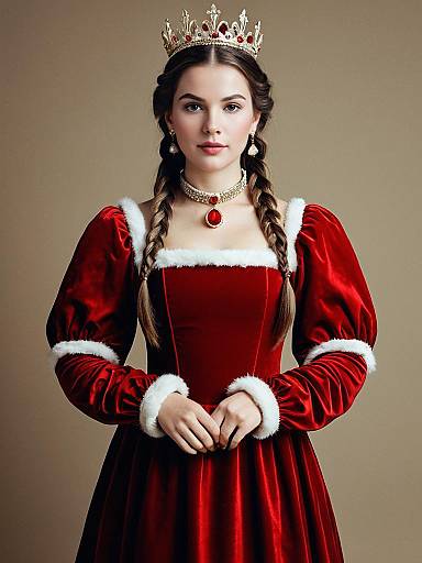 Christmas Queen Costume Woman in Red Velvet Dress and Crown