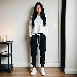 Woman in Athleisure Wear with White Sweatshirt and Black Joggers