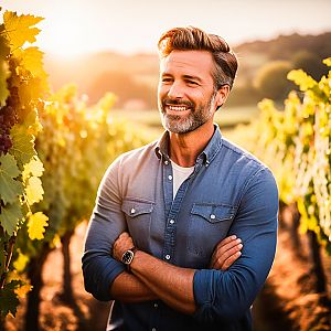 Confident Man in Vineyard at Sunset