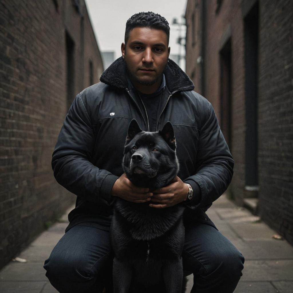 Man with Black American Akita in Urban Alley