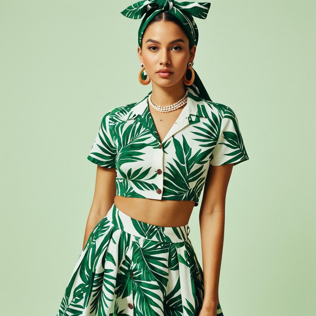Tropical Palm Leaf Print Summer Outfit on Woman with Headscarf
