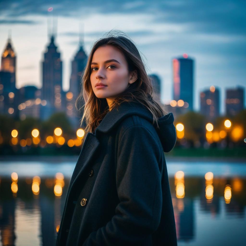 Young Woman by Waterfront with City Skyline at Dusk