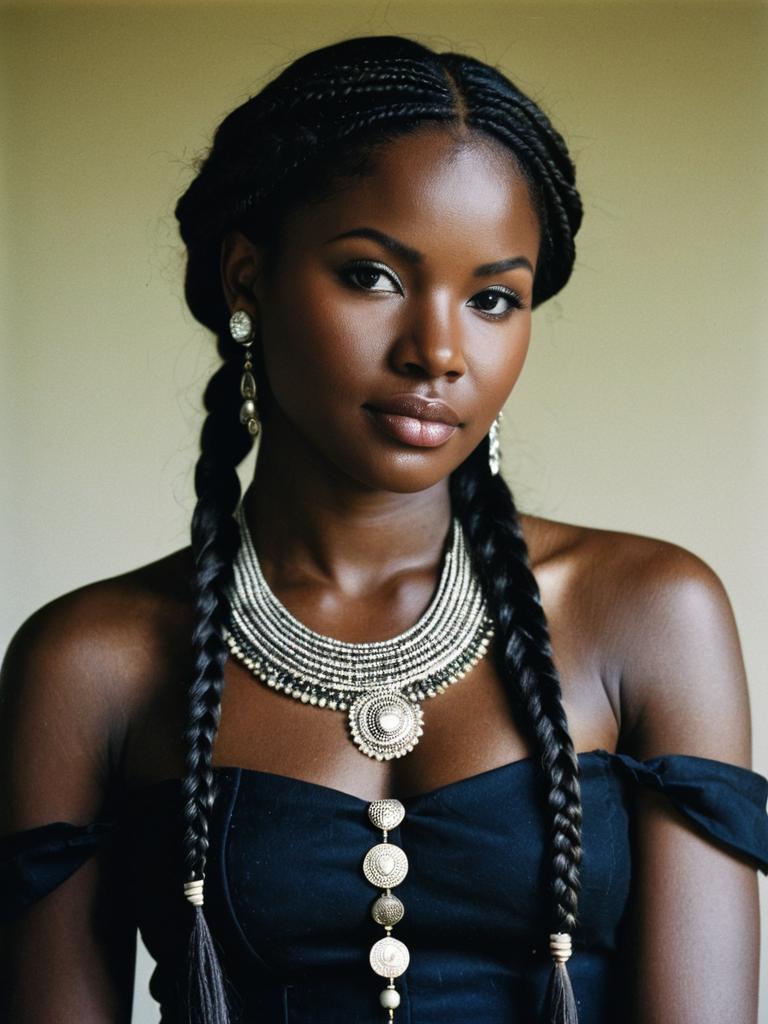 South African Woman in Traditional Costume with Braided Hair and Jewelry