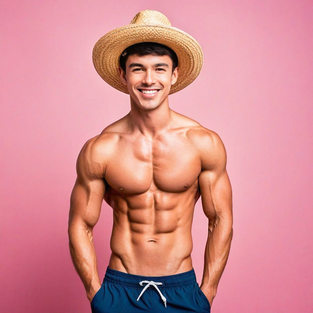 Muscular man in straw hat and swim trunks against pink background Muscular man in straw hat and swim trunks against pink background