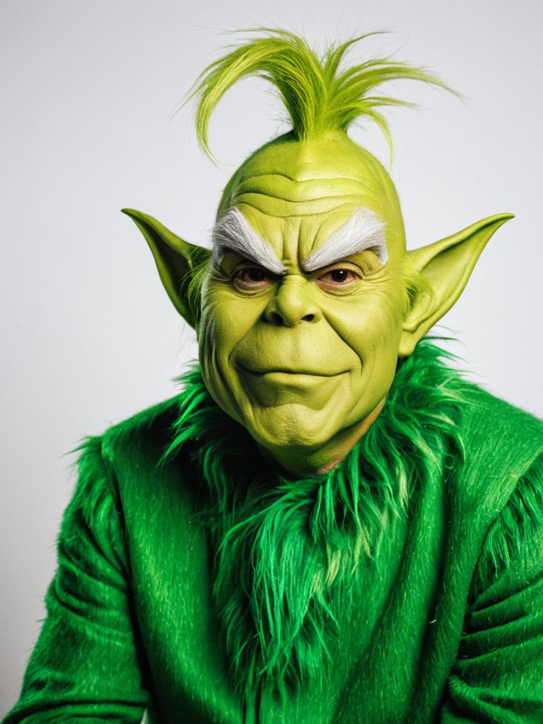 Professional Man in Grinch Costume with Detailed Makeup and Prosthetics