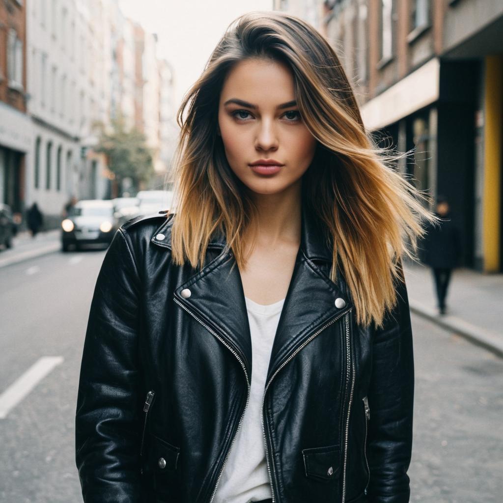 Confident Woman in Black Leather Jacket on City Street