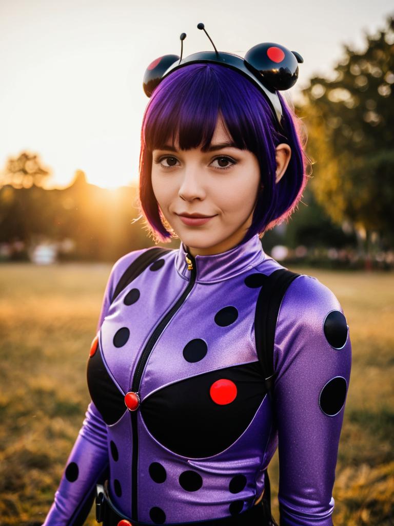 Woman Wearing Miraculous Ladybug Purple Costume Outdoors at Golden Hour