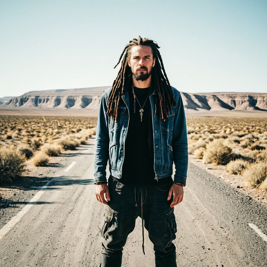 Man with Dreadlocks on Deserted Road Man with Dreadlocks on Deserted Road