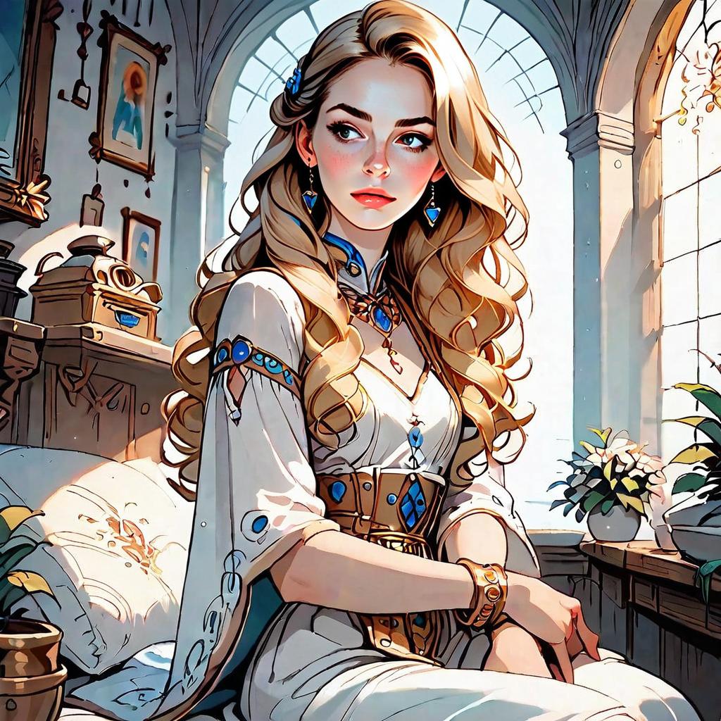 Medieval-Inspired Digital Anime Portrait of a Woman in Sunlit Room
