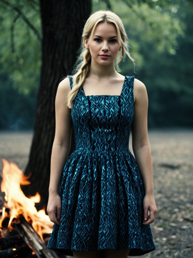 Blonde Woman in Textured Blue Dress Near Fire Outdoors