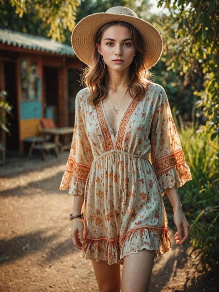 Elegant Woman in Bohemian Dress with Wide-Brimmed Hat