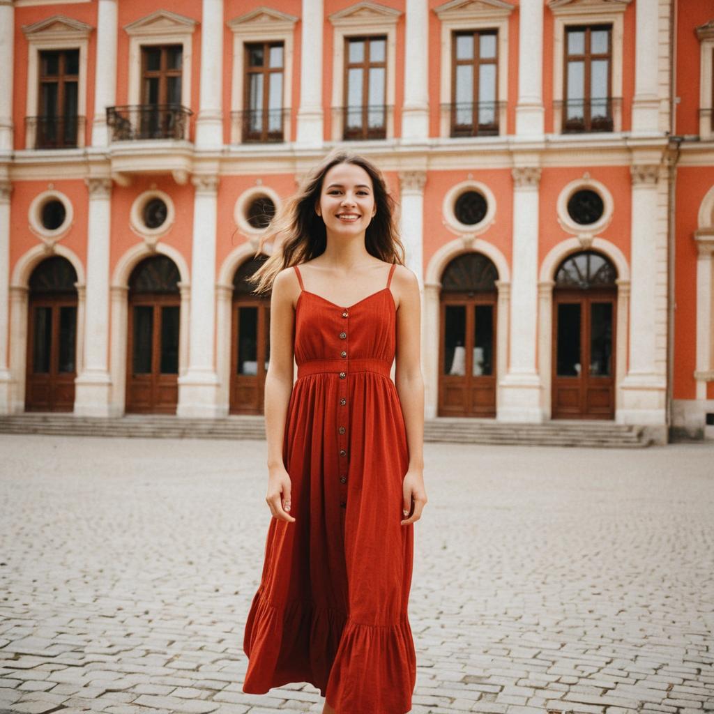 Young Woman in Red Dress Posing Outdoors by Historic Building