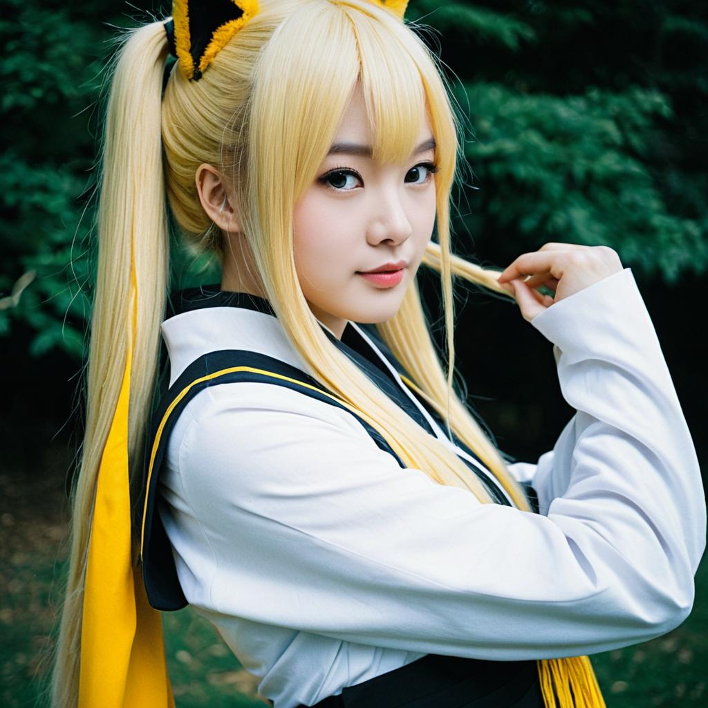 Cosplay Portrait of Woman as Akita Neru with Blonde Twin Tails and Fox Ears