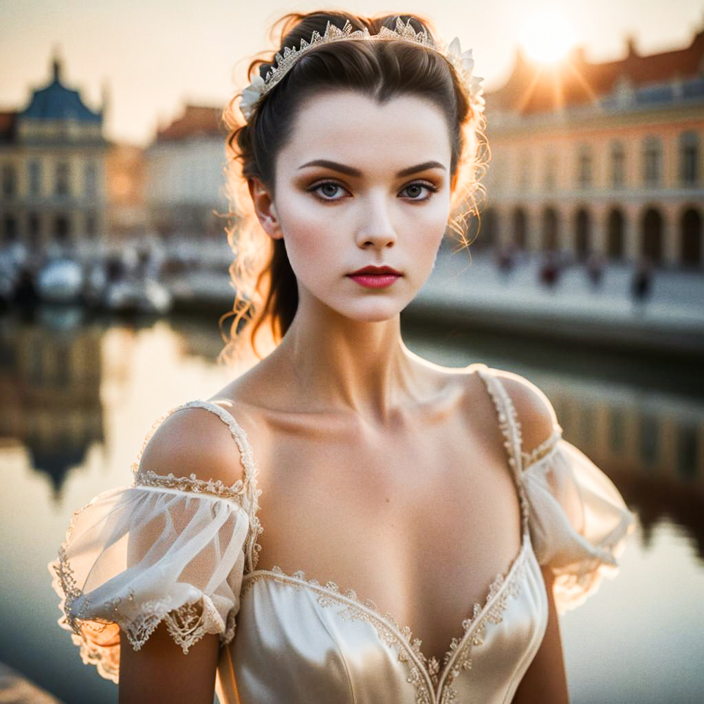 Elegant Woman in Ethereal Gown at Sunset