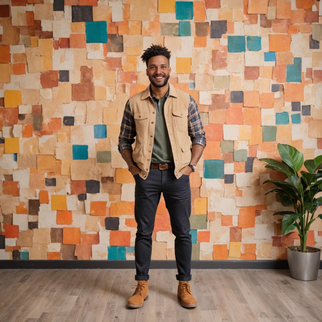 Stylish man with a warm smile in front of a colorful mosaic wall