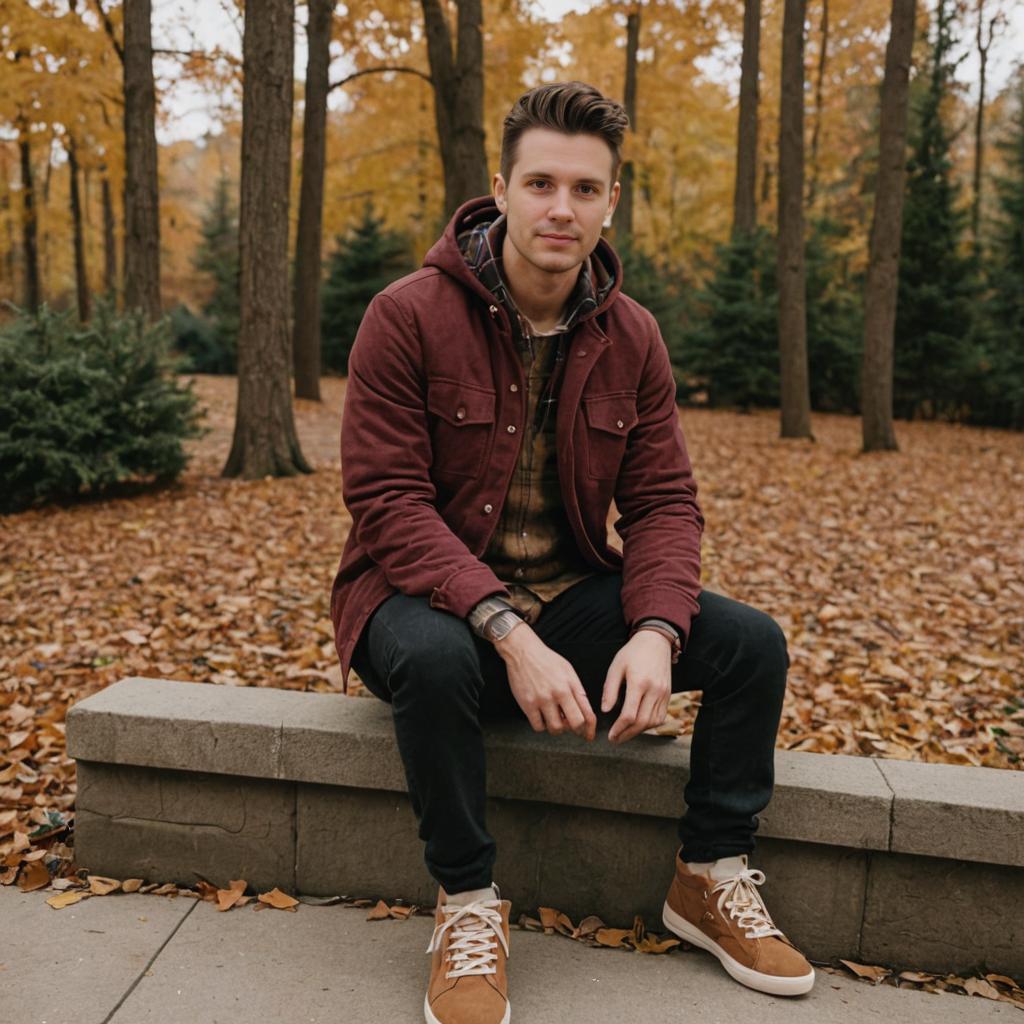 Man in maroon jacket on stone bench in autumn colors