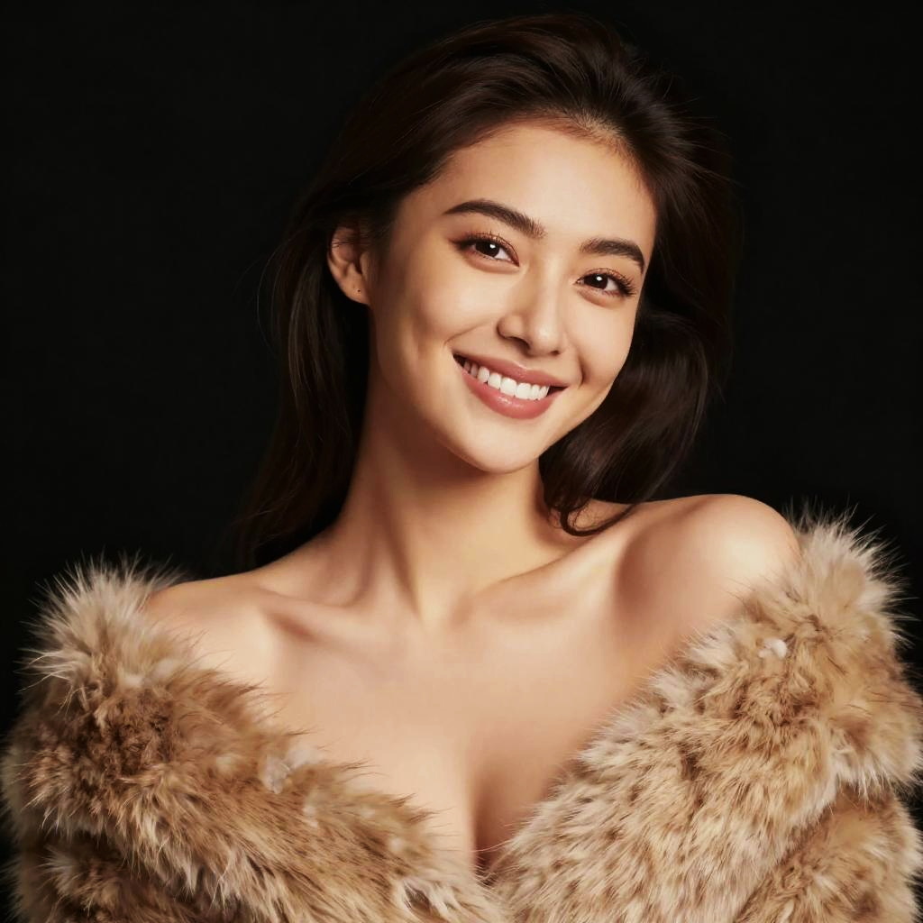 Gen Z Woman Smiling Wearing Luxurious Fur Coat Portrait