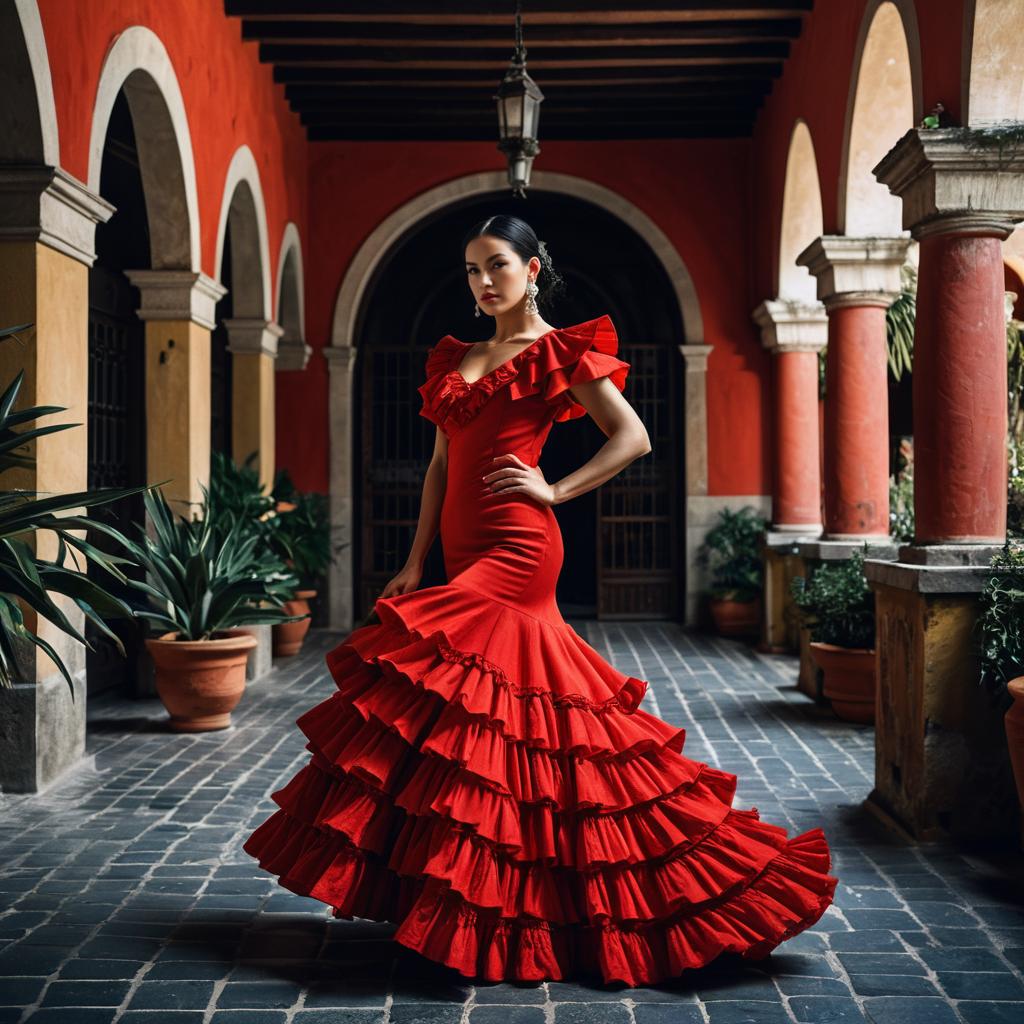 Elegant Woman in Traditional Red Flamenco Dress in Spanish Courtyard