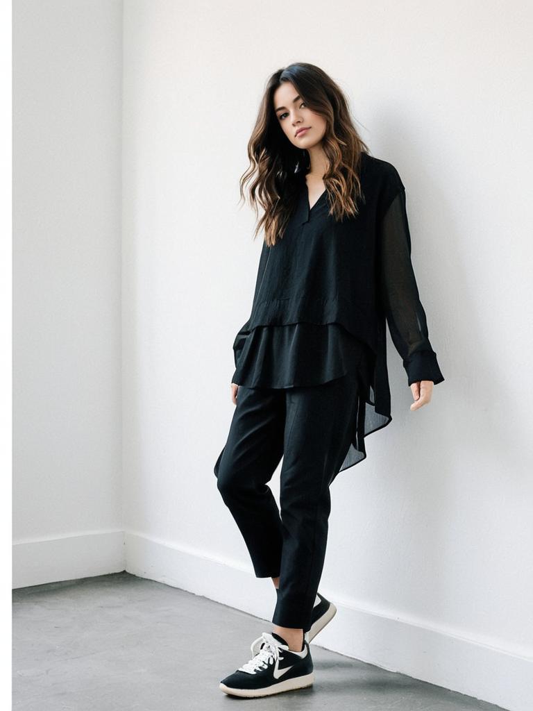 Contemporary Casual Layered Black Semi-Sheer Blouse with Black Pants