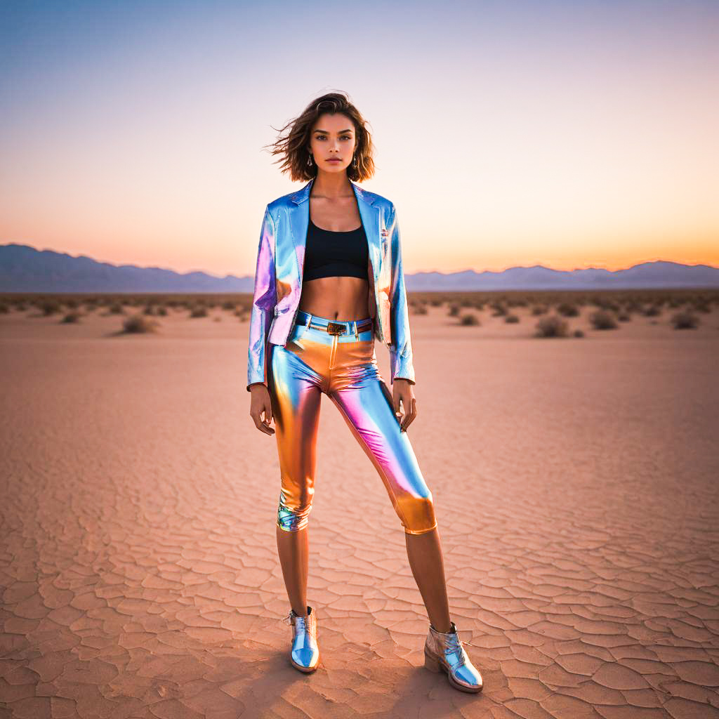 Woman in Holographic Outfit in Desert at Sunset