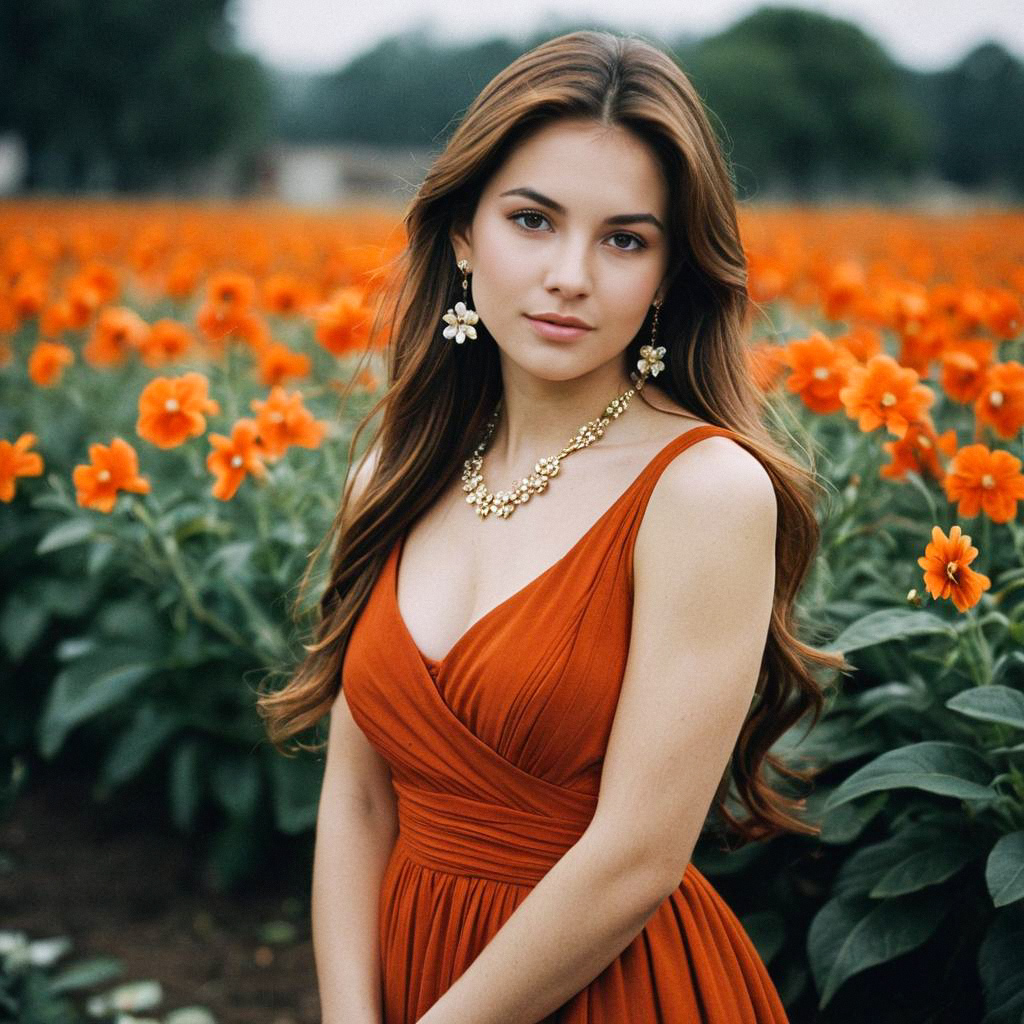 Young Woman in Rust-Orange Gown among Vibrant Orange Flowers