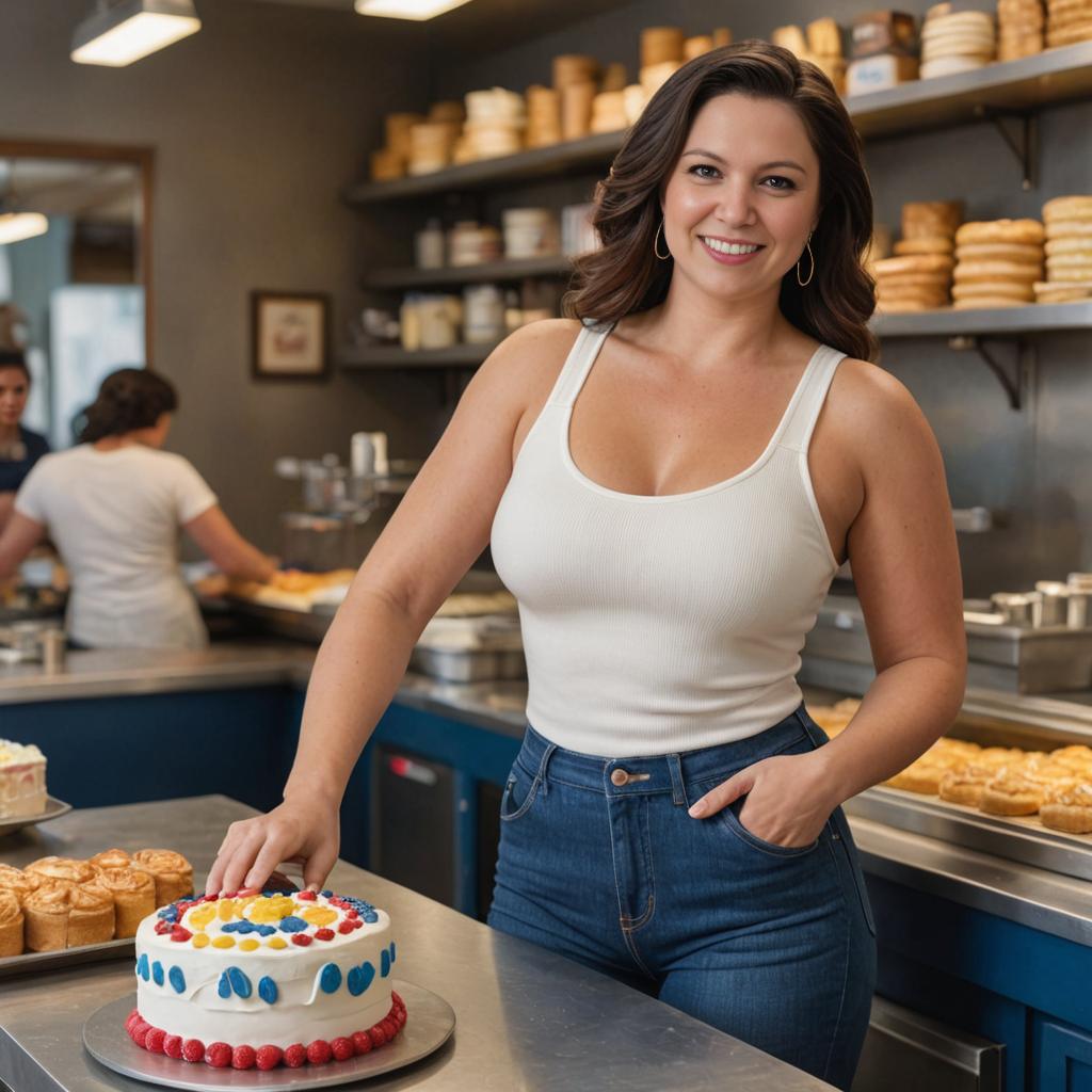 Smiling Woman in Bakery with Decorated Cake