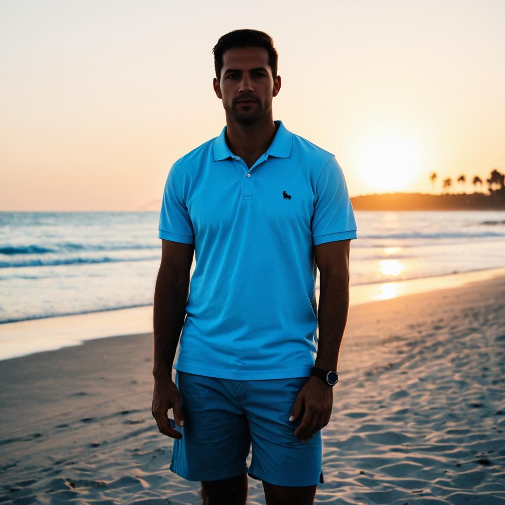 Man in Blue Polo Shirt Standing on Beach at Sunset