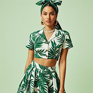 Tropical Palm Leaf Print Summer Outfit on Woman with Headscarf