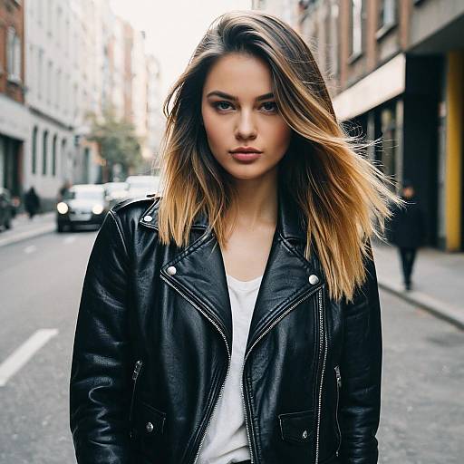 Confident Woman in Black Leather Jacket on City Street