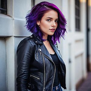 Stylish woman with purple hair in urban setting