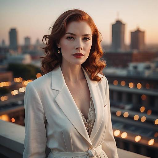 Elegant Red-Haired Woman in White Blazer on Rooftop at Sunset