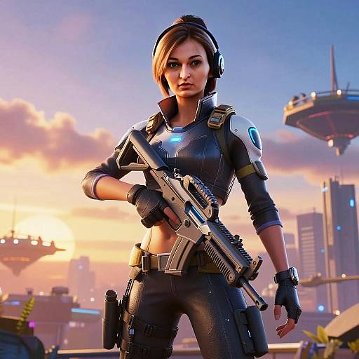 Futuristic Woman Soldier with Assault Rifle in Cyberpunk Cityscape