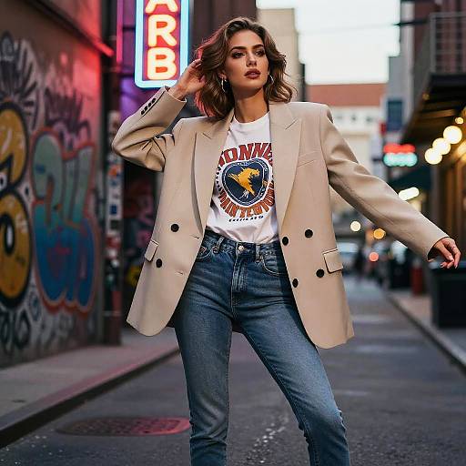 Trendy Gen Z Woman in Urban Streetwear with Beige Blazer and Graphic Tee