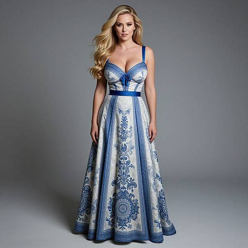 Woman in Elegant Blue and White Porcelain-Inspired Floor-Length Gown