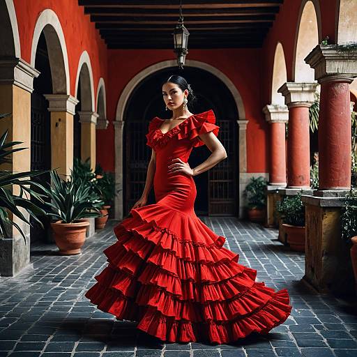 Elegant Woman in Traditional Red Flamenco Dress in Spanish Courtyard