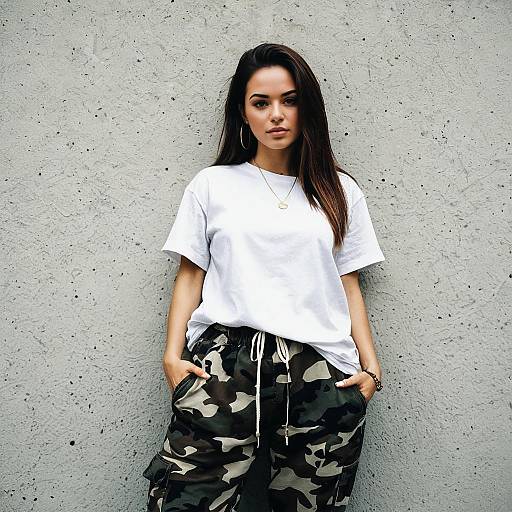 Hip Hop Fashion Woman Wearing White Shirt and Camouflage Pants