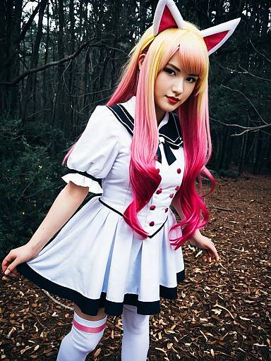 Anime Style Woman Cosplay in White Sailor Dress with Cat Ears