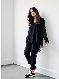 Contemporary Casual Layered Black Semi-Sheer Blouse with Black Pants